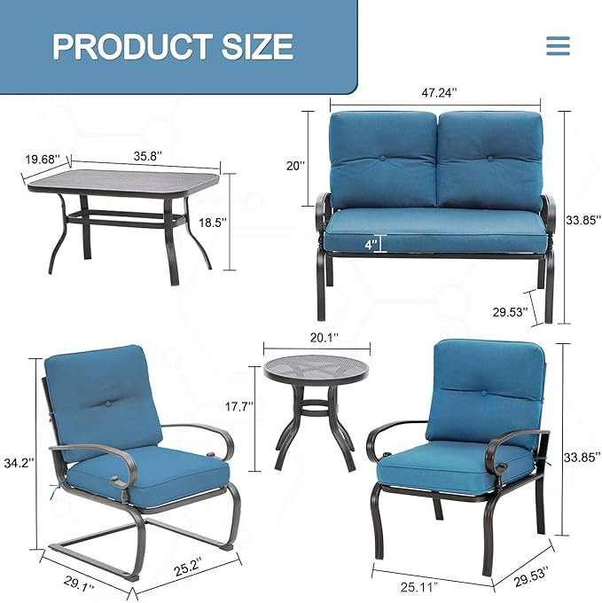 SOLAURA Outdoor Metal Furniture Sets 7-Piece Patio Conversation Set (2 Spring Chairs, 2 Patio Chairs, Loveseat with Coffee Table and Side Table), Peacock Blue