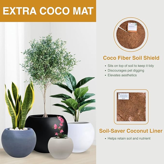 9.7"H x 12"D Premium Red Fiberstone Round Planter with Drainage Hole, Chinese & Lunar New Year Home Decor Pot, Smooth Finish, Weather Resistant Indoor & Outdoor, 2 Coco Mats (7.8" Opening)