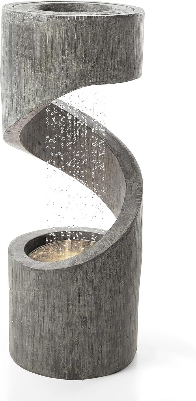 Glitzhome Outdoor Fountain with LED Light, Spiral Water Fountain Outdoor with Stone Planter, Modern Curved Waterfall Fountains Water Feature for Garden Patio, 31.3”H