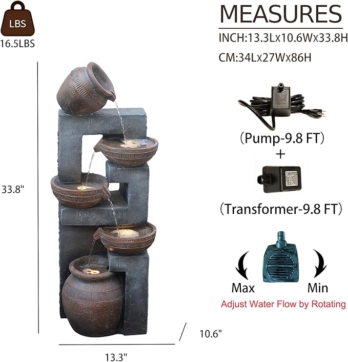 33.8" H Water Fountain Outdoor with LED Lights & Pump, 5-Tier Cascading Outdoor Fountain for Garden,Patio,Porch,Backyard,Home Art Decor (Brown)