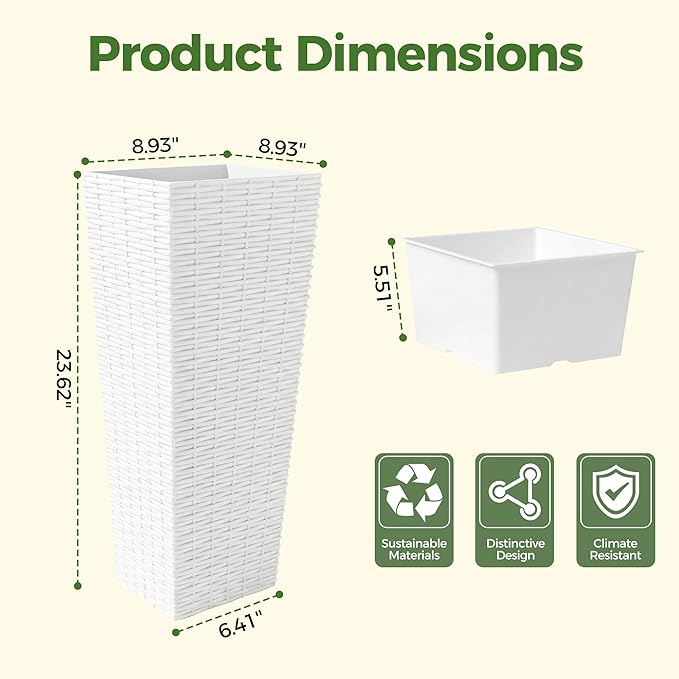 2 Pack Large Planters for Indoor Outdoor Plants, 24 inch Outdoor Planters for Porch with Drainage Holes, Plastic Planters for Outdoor Plants, Flower Pots for Large Plants, Trees, Patio, Garden, White