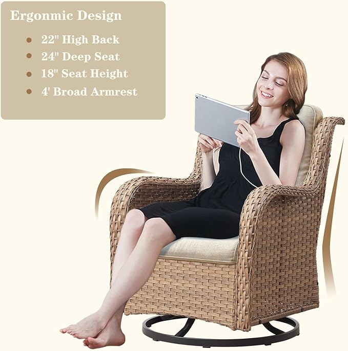 Wicker Patio Furniture Set: 13 Piece Outdoor Conversation Sets with 4 Swivel Rocker Chairs, 2 Patio Couch, Rattan Ottomans, 4 Side Table and Coffee Table for Deck Garden, Yellow/Beige