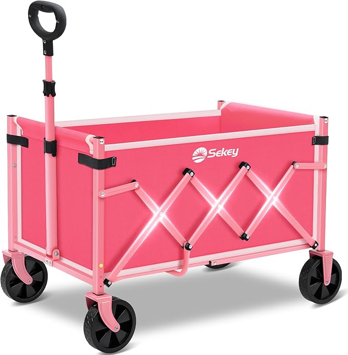 Sekey Wagon Cart with Wheels with 220LBS Capacity,Heavy Duty Wagon Carts Foldable,Lightweight Utility Portable Cart for Grocery, Shopping, Garden, Camping. Pink by Sekey