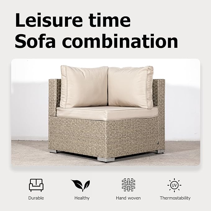 7-Piece Wicker Patio Furniture Set, Outdoor Conversation Set Sectional Sofa with Water Resistant Thick Cushions and Coffee Table, Beige