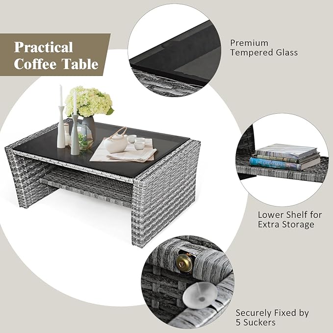 COSTWAY 4 Pieces Patio Rattan Furniture Set, Outdoor Wicker Sofa Set with Tempered Glass Coffee Table, Cushions, All Weather Rattan Conversation Set for Yard Balcony Backyard Pool (Khaki)