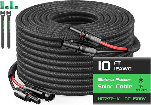 10FT Twin Wire Solar Panel Extension Cable, 12 Gauge PV Wire with IP68 Female & Male Waterproof Connectors, Flame Retardant Protective Sleeving and Dust Caps for Home, RV, Photovoltaic Systems by BateriaPower