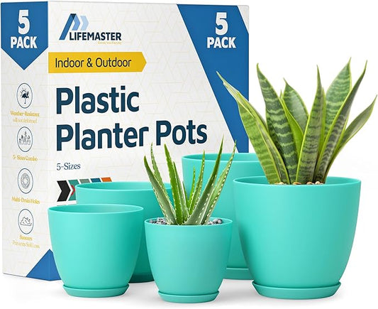 Lifemaster Planter Pots with Drainage Holes - Lightweight, Durable, and Space-Saving Pots for Indoor and Outdoor - Versatile Functionality, Simple Modern Design, Set of 5 Plastic Planter Pots - Aqua