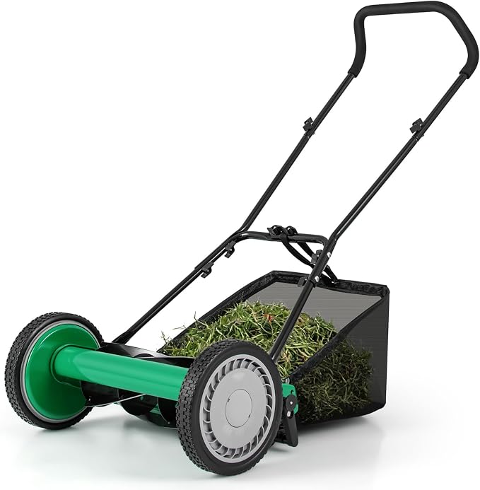 16-inch 5-Blade Push Reel Lawn Mower, Walk-Behind Grass Cutter w/Removable 7 Gallon Grass Catcher Bag & Adjustable Cutting Height, Cordless Manual Lawn Mower for Garden, Lawn, Yard (Green) by BUYNOW