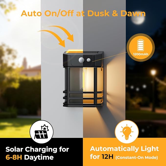 btfarm 6 Pack Solar Wall Lights Outdoor,3 Modes Motion Sensor Lights Dusk to Dawn, IP65 Waterproof Porch Light Solar Powered, 1200mAh Wireless Wall Mount Sconces for Outside Patio, Garage, Yard