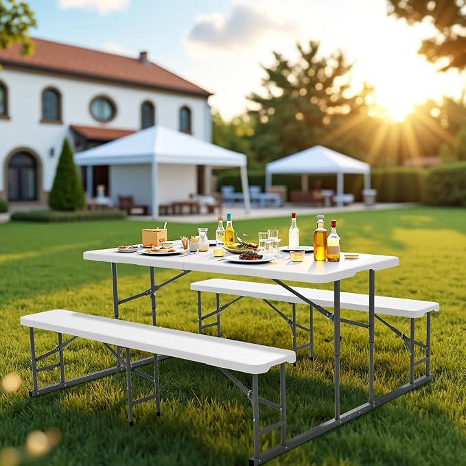 VINGLI Folding Picnic Table and Bench Set, Portable Outdoor Dining Furniture for Camping, Patio, Backyard, Wood Grain Plastic Top with Metal Frame (White) - Image 4