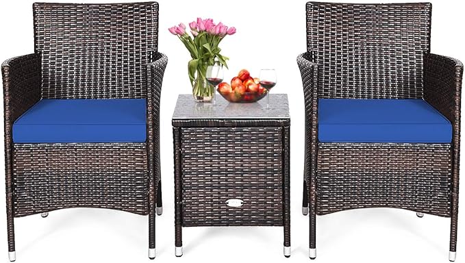 HAPPYGRILL 3 Piece Patio Furniture Set Outdoor Rattan Wicker Conversation Set with Coffee Table Chairs & Thick Cushions Bistro Sets for Patio Garden Lawn Backyard Pool