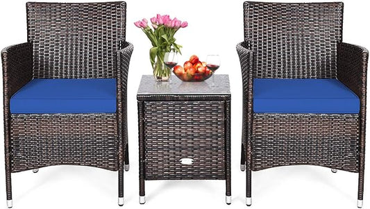 HAPPYGRILL 3 Piece Patio Furniture Set Outdoor Rattan Wicker Conversation Set with Coffee Table Chairs & Thick Cushions Bistro Sets for Patio Garden Lawn Backyard Pool
