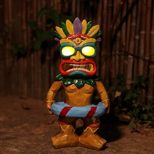Tiki Staue, Outdoor statue with Solar Eyes, Tikis Bar Decor with Solar Light, Tikis Pool Decor, Garden Statues with Swim Ring, Tiki Porch Patio Decorations, Tiki Figurine Gift for Mom Women Friends