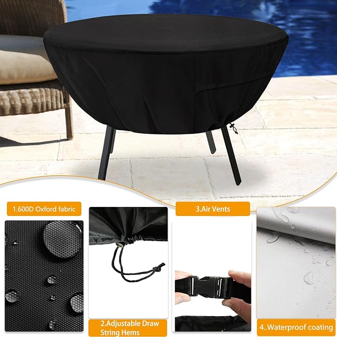 Round Patio Table Cover,Suitable for 48 Inch Diameter Patio Round Table,Waterproof Heavy Duty Round Outdoor Coffee Table Cover,Black - Image 3