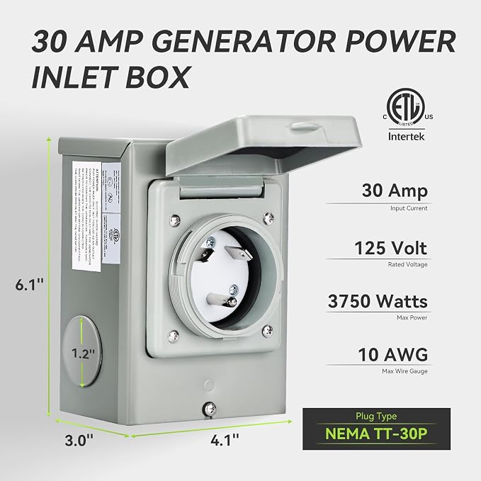 RVMATE Pre-Drilling 30 Amp Generator Power Inlet Box NEMA TT-30P 125V 3750W Power Inlet Box, Waterproof for Outdoor Use - Image 2