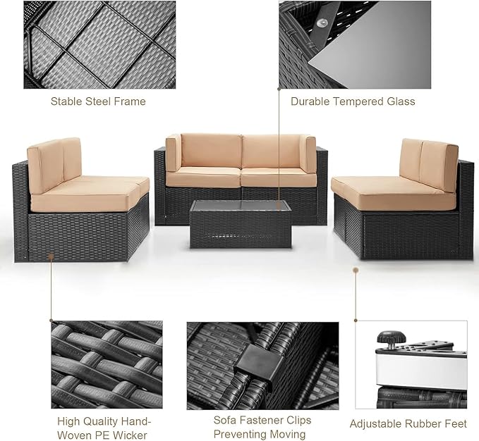 U-MAX 7 Piece Outdoor Patio Furniture Set with 43 Inch Fire Pit Table, PE Rattan Wicker Sofa Set, Outdoor Sectional Furniture Chair Set with Cushions and Tea Table, Black Rattan&Beige Cushion
