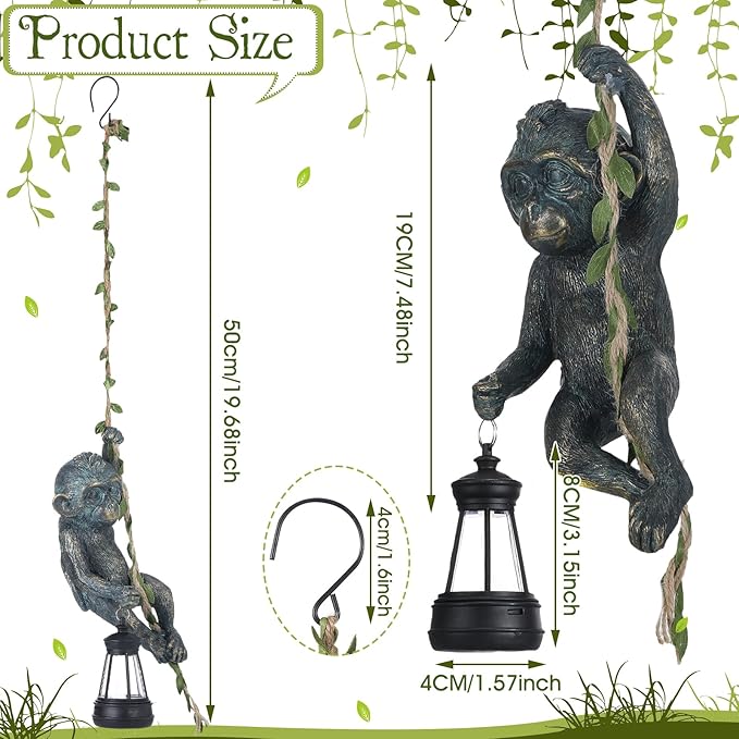 Solar Light Outdoor Monkey Statues Bronze 7.48 Inch Resin Chimpanzee Baby Monkey Climbing on Vine with LED Lantern Waterproof Hanging Figurine with Hook for Yard Garden Wall