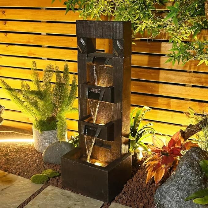 40.9" H Indoor Outdoor Modern Water Fountain with Lights & Pump, 4-Tier Cascading Outdoor Patio Waterfall Fountain for Garden, Porch, Yard, Landscape, Indoor Décor, Brown Vintage Wood-Look