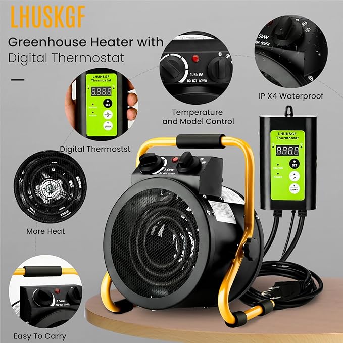 Greenhouse Heater with Digital Thermostat, Grow Tent Heaters, Overheat Protection, Fast Heating for Green House, Flower Room, Yellow-Black