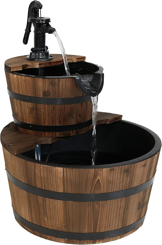 Sunnydaze 2-Tier Wood Barrel Water Fountain - 23-Inch Vintage Water Pump Fountain with Submersible Pump - for Garden, Patio, Decks