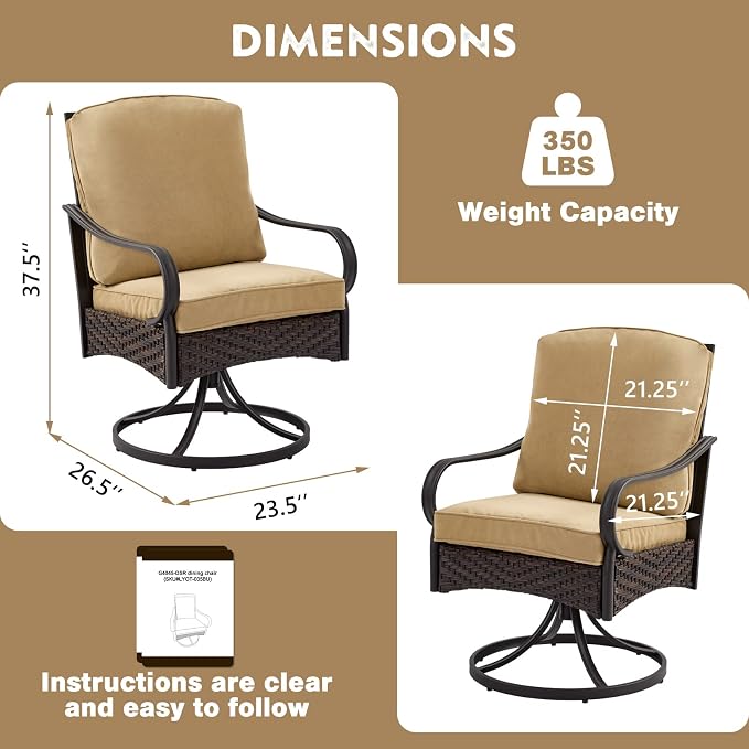 EROMMY Patio Swivel Chairs Set of 4, Outdoor Swivel Chairs with Cushion, Patio Dining Chairs for Garden, Patio, Backyard and Balcony, Khaki - Image 3
