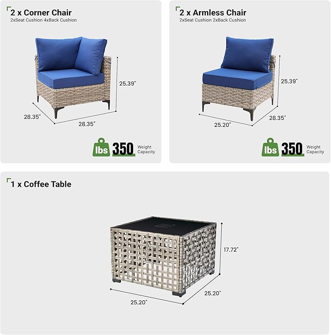 5 Piece Outdoor Patio Furniture with Glowing Coffee Table, Rattan Wicker Conversation Set with Sofa, Sectional Single Chairs for Outside Porch Balcony Backyard Pool,Blue