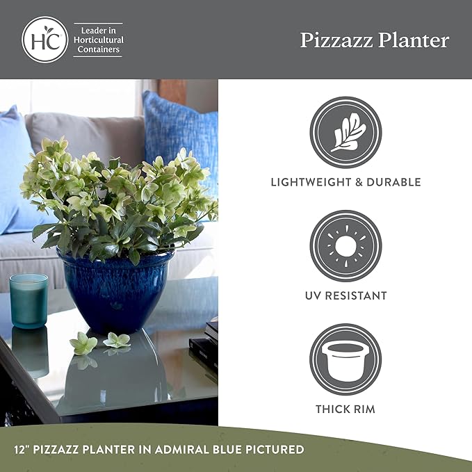 The HC Companies 12 Inch Pizzazz Round Planter Pots with Ceramic Look, Lightweight UV-Resistant Plastic Indoor & Outdoor Planters, 2-Pack Flower Pots for Garden & Home Decor, Admiral Blue