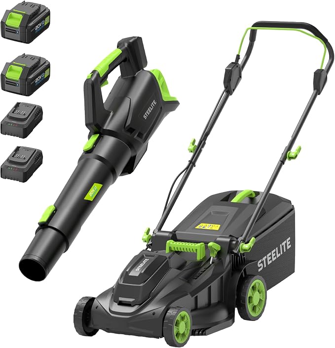 STEELITE 40V (2x20V) 17" Cordless Lawn Mower & 500 CFM Electric Leaf Blower Combo Kit with 2x4.0Ah Batteries & Dual Chargers by STEELITE