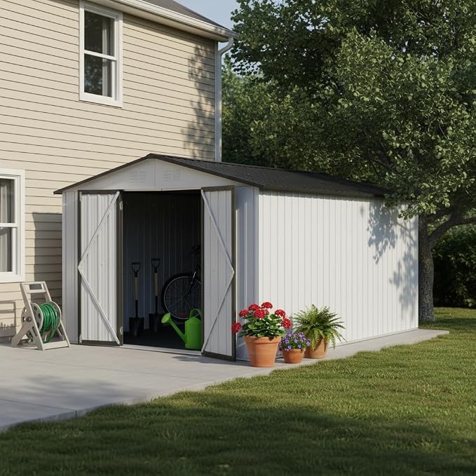Ball & Cast 10x12 FT Sheds & Outdoor Storage,Metal Aluminum Garden Shed,with Punched Vents,Waterproof Cabinet w/Hinged Door and Padlock,Tool House for Storing Bicycles,Lawnmowers,Barbeques,White+Grey - Image 2
