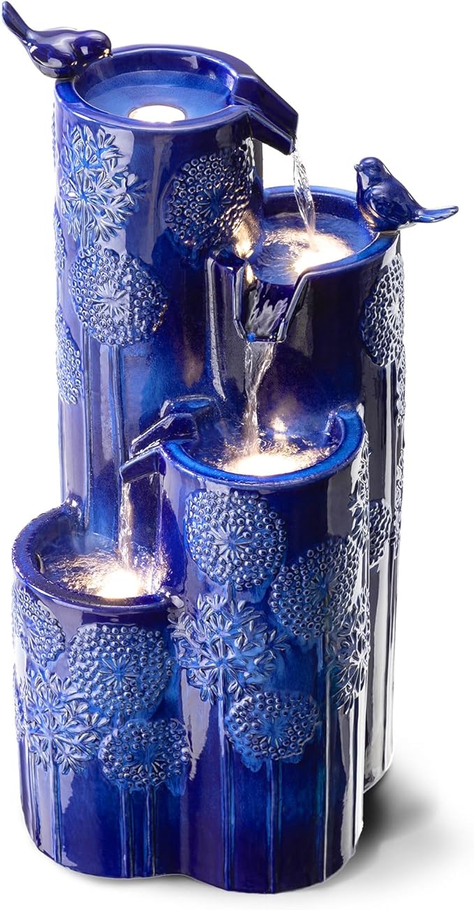 Glitzhome Water Fountain Outdoor with LED Lights, 4-Tier Vase Shaped Ceramic Outdoor Fountain, Dandelion Glaze Water Fountains Feature for Garden Backyard Patio, Cobalt Blue, 31.7”H