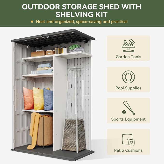 Aoxun Outdoor Resin Storage Shed with Metal Shelving Kit & Floor, 64 Cu.Ft Vertical Waterproof Storage Cabinet for Garage, Pool, Bike, Garden Tools, Patio Furniture (White) - Image 4