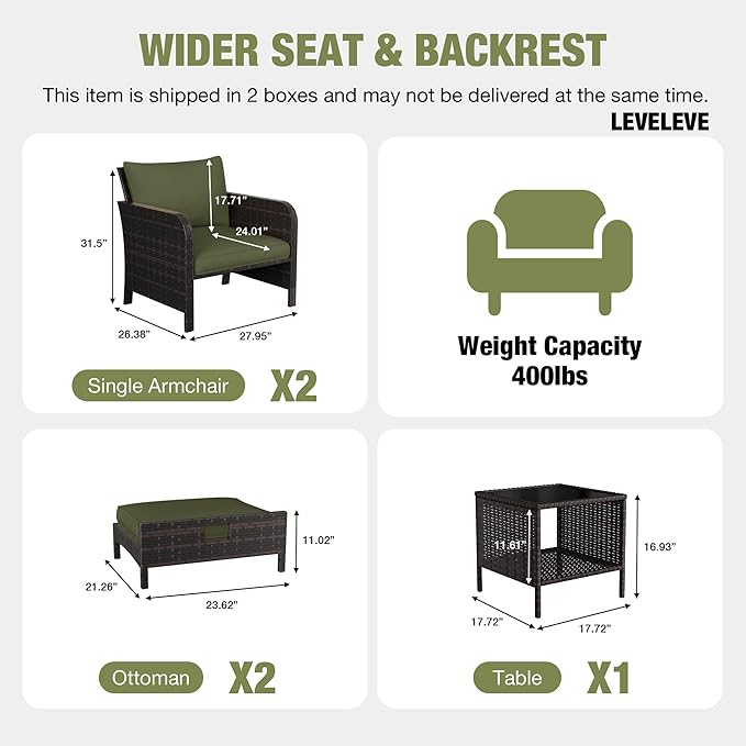 LEVELEVE Patio Conversation Set 5 Piece, Balcony Furniture Outdoor PE Rattan Wicker Lounge Chairs with Soft Cushions, 2 Ottomans & Glass Table for Porch Lawn, Brown (Army Green Cushions