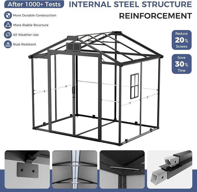 CDCASA 8x6x7 FT Resin Shed with Floor Included, Steel‑Reinforced Large Waterproof Outdoor Storage Sheds with Base & Lockable Door & Window & Vents, Outside Plastic Tool for Outside Patio Backyard - Image 5