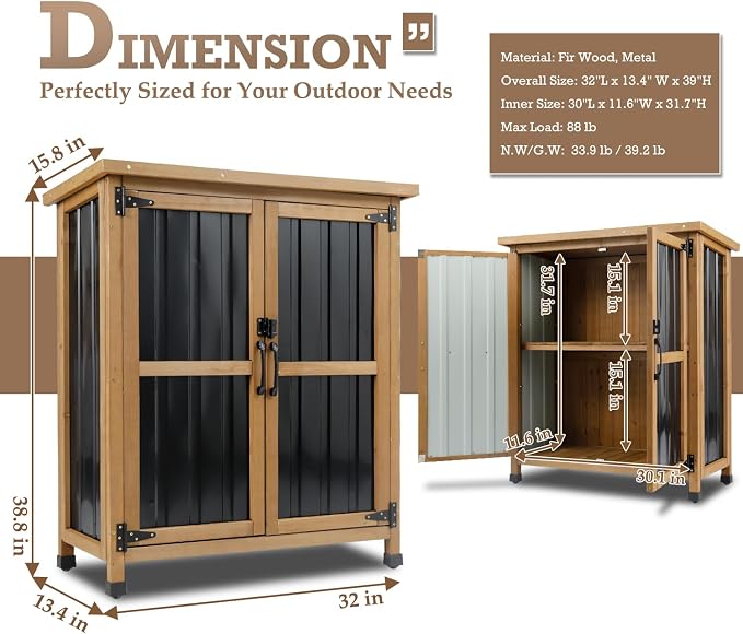 Outdoor Storage Cabinet Waterproof with Shelves, Storage Box with Lockable Doors, Wood & Metal Patio Yard Pool Garden Storage Cabinet Organizer, Gifts for Women Men - Image 2
