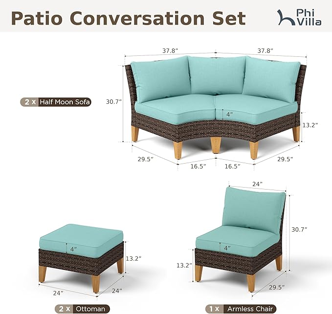 PHI VILLA 5-Piece Wicker Patio Furniture Set, Outdoor Sectional Sofa Conversation Set with Aqua Blue Cushions, Half-Moon Curved Modular Couch for Garden, Deck, Backyard