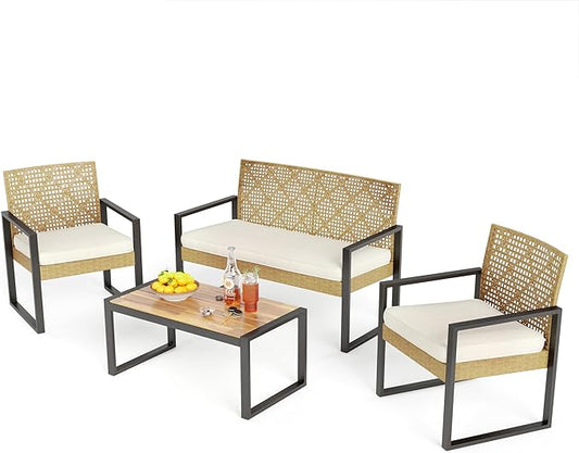 PHI VILLA Patio Wicker Furniture Set for 4, Yellow Rattan Loveseat & Chairs with Beige Cushions & Acacia Wood Coffee Table, Outdoor Modern Conversation Sofa Set for Deck, Yard, Porch