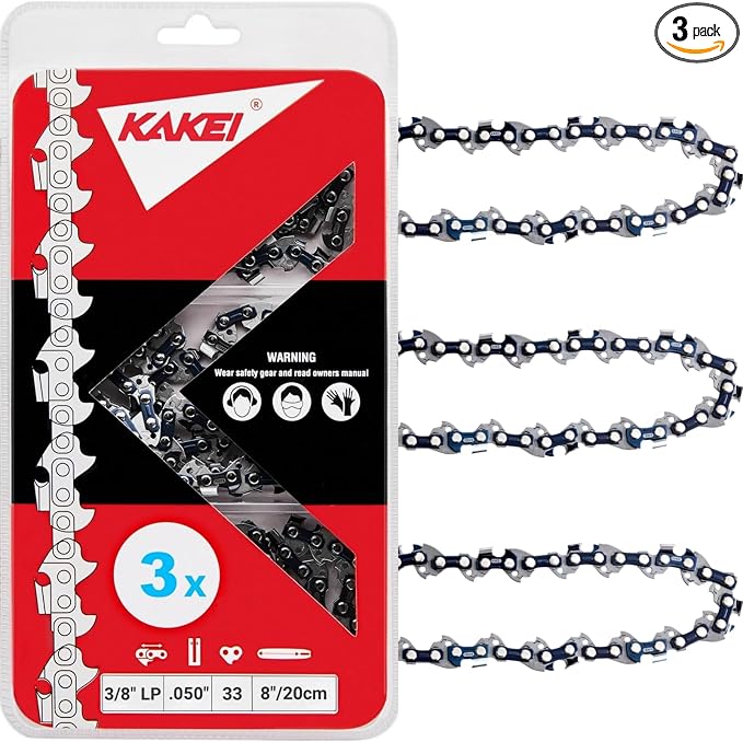 KAKEI 8 Inch Chainsaw Chain 3/8" LP Pitch .050" Gauge 33 Drive Links Fits Portland, Greenworks, Kobalt, Remington, Sun Joe and More- S33 (3 Chains) - Semi Chisel by KAKEI