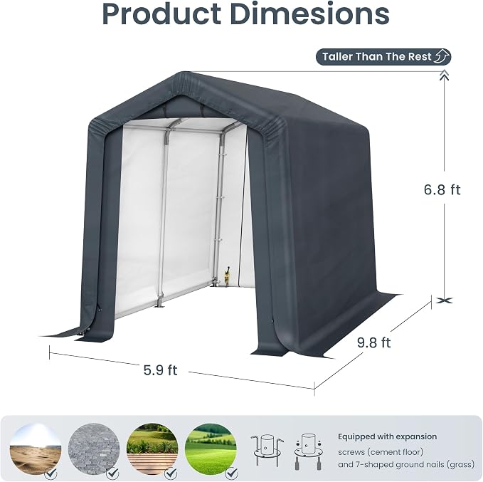 PHI VILLA 6x10ft Storage Shelter Shed, Portable Carports Outdoor Garage Canopy with Roll up Zipper Doors & Vents Waterproof UV Resistant Garages Tent for Cars,Boats,Tools, Motorcycle, Gray - Image 5