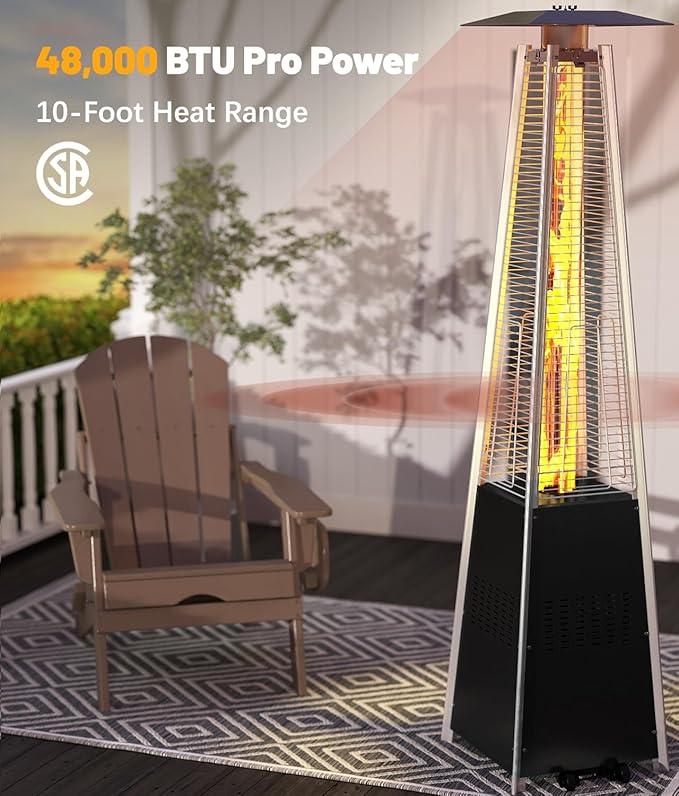 Pyramid Patio Heater,48,000 BTU Outdoor Propane Patio Heater with Detachable Wheels and Protective Cover for Terrace, Garden,Poolside.（Black）