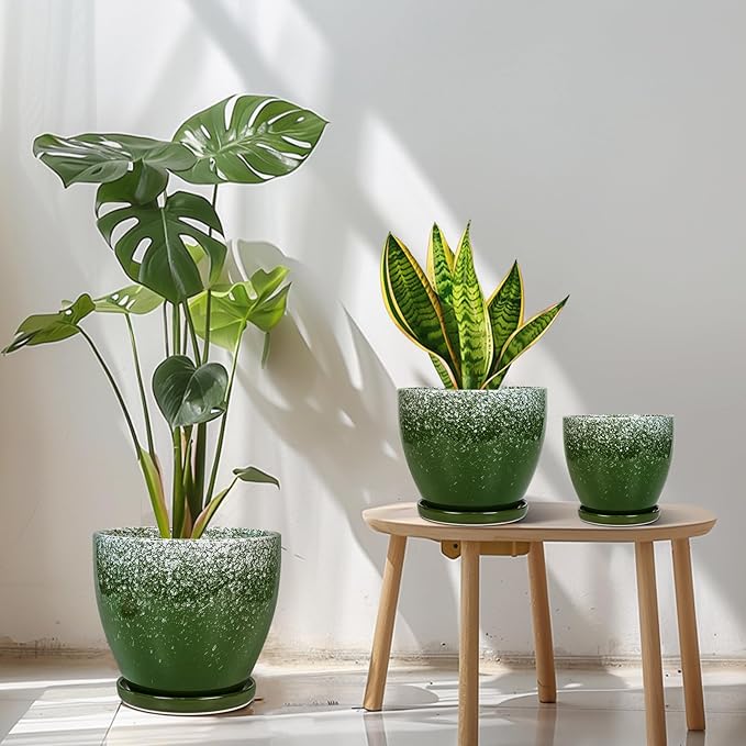 Ceramic Planters 3 Pack - 10 Inch 8 Inch 6 Inch Plant Pots for Indoor Outdoor, Round Decorative Flower Pots with Drainage Holes and Saucers, Garden Home Decor, Gift for Women Men, Green