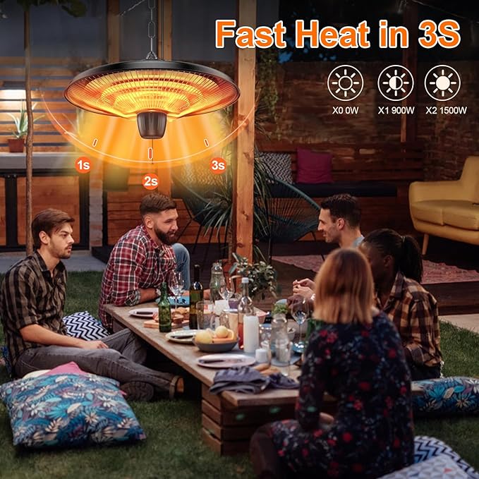 Uniflasy 1500W Electric Hanging Patio Heater - 3s Fast Heating with IP55 Waterproof Protection for All Weather Use, 2 Adjustable Heat Settings, Perfect for Gazebo, Balcony, Living Room, and Courtyard