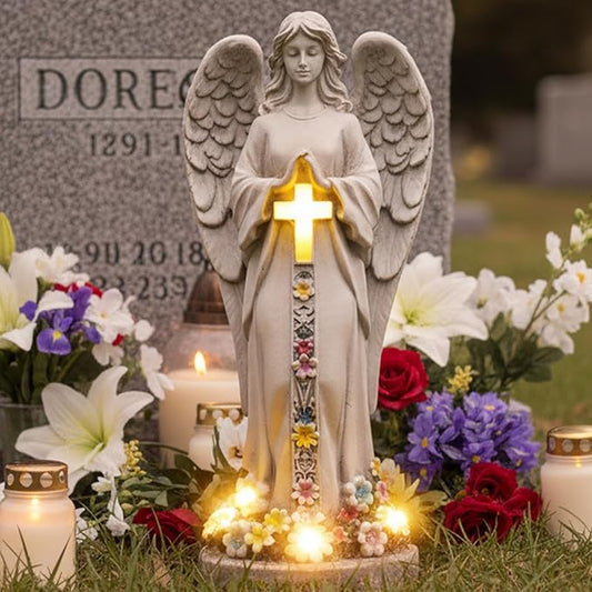 Angel Garden Statues Outdoor Cemetery Decorations for Grave 8.2" Resin Praying Angel Figurines Featuring Cross Solar Light Waterproof Angel Decor for Grave-Sympathy Gifts for Loss of Loved One