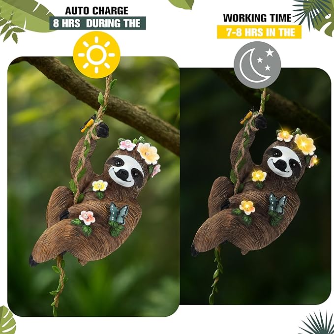 1Pcs 8x5 Inch Solar Sloth Hanging Statue Christmas Resin Garden Gnome Figurine Sloth Decorative with Hook Gifts for Mom Grandma for Outdoor Yard Tree Fence Balcony Wall Decor