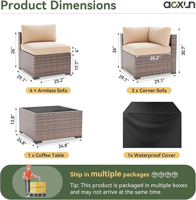 Aoxun 7 Piece Patio Furniture Set, Wicker Rattan Patio Sectional Sofa, Outdoor Furniture Set with Thickened Cushion, Light Gray
