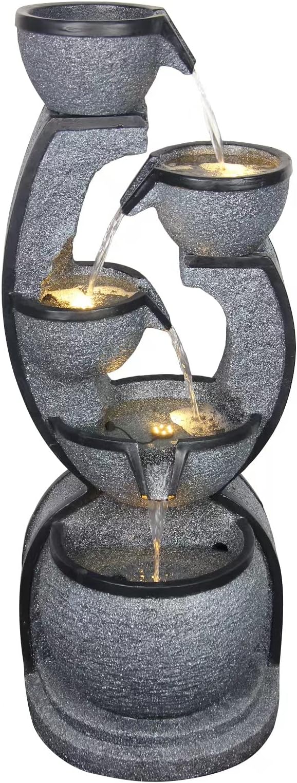 Water Fountain Outdoor 37.4''H Modern Garden Fountains Decor with LED Lighting Resin Indoor Waterfall for Garden, Floor Patio, Deck, Porch, Backyard and Home Art Decor