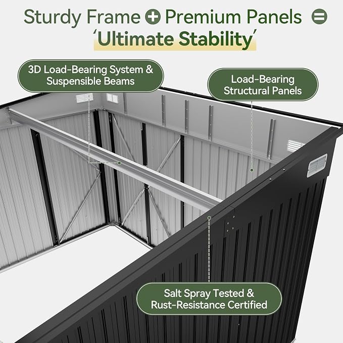 Aoxun 12' x 7.3' Shed 441 CU.FT Outdoor Waterproof Storage Shed with Triple Lockable Door Garden Metal Tool Shed for Outside (Black) - Image 4