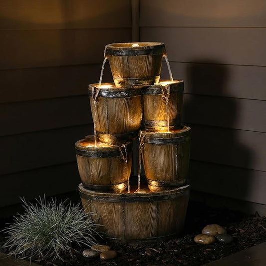 24.8" H Outdoor Water Fountain with LED Lights, 4-Tier Cascading Waterfall Fountain, Rustic Wood Barrel Resin Outdoor Water Fountain for Garden Patio Backyard Porch Indoor Decor