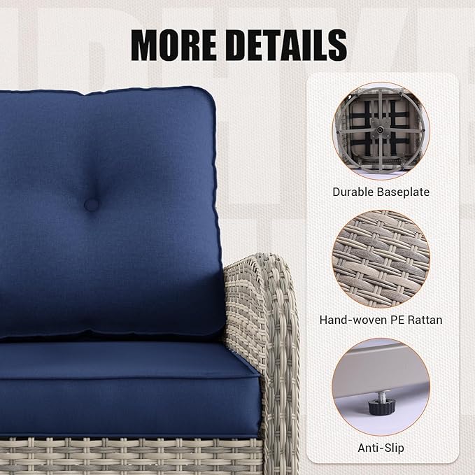 16-Piece Outdoor Patio Furniture Set with Rocking Swivel Chair, PE Wicker Rattan Sectional Sofa Patio Conversation Set with 55,000 BTU Fire Pit Table & Side Table, Navy Blue