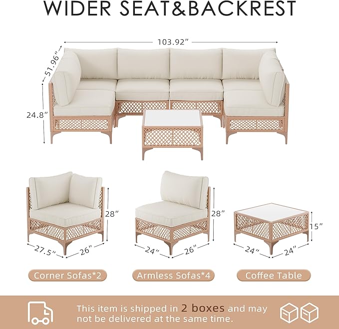 Vikiullf Patio Conversation Sets, 7 Piece Outdoor Furniture Set with Thick Cushions, Wicker Sectional Sofa Set with Coffee Table for Backyard, Poolside, Garden (Beige)