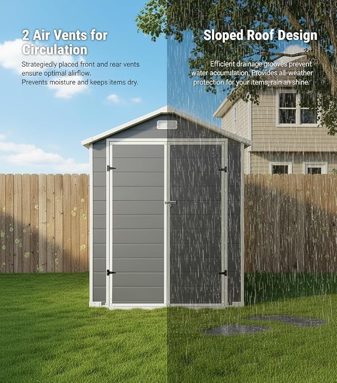 YOPTO 6x4 FT Plastic Storage Shed,Outdoor Storage Shed with Floor and Lockable Door,Waterproof Garden Shed W/Windows & Vents,Sloped Roof,Tool House for Storing Bicycles,Lawnmowers,Gray - Image 7